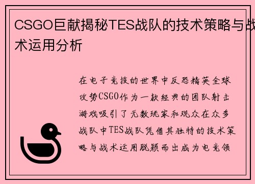 CSGO巨献揭秘TES战队的技术策略与战术运用分析